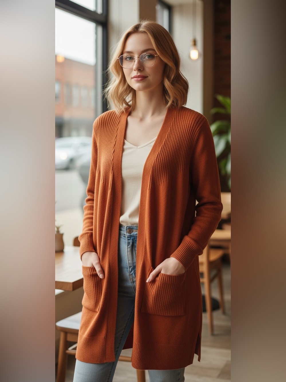 Eleven Eleven Open-Front Long Cardigan - Rust Orange